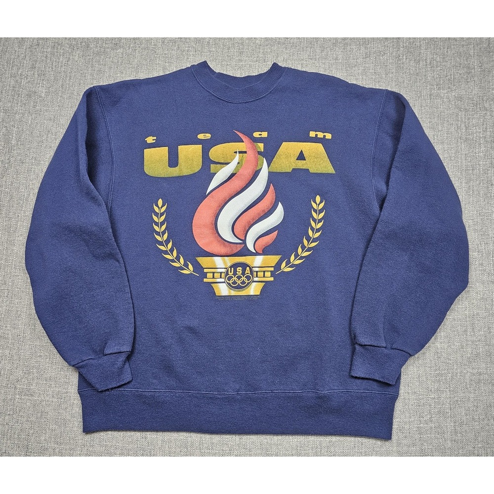 Vintage‎ Team USA Sweatshirt Mens Large Blue Olympic Torch Graphic Hanes 90s